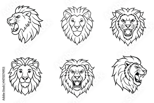 Lion face liner art set on white background