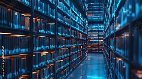 A view of a library aisle with shelves full of books illuminated with blue and orange lights