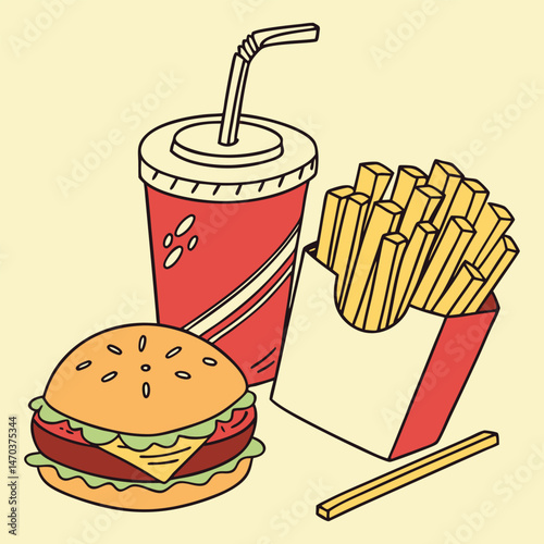Fast food and drink icons featuring burgers, pizza, fries, and soda illustrations for a quick meal or snack