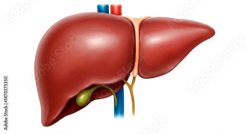 Illustration of a liver with gallbladder and connected blood vessels shown