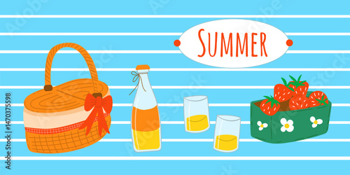 Summer picnic elements with basket, berries and bottle of juice. Picnic elements set. Bright picnic scene.