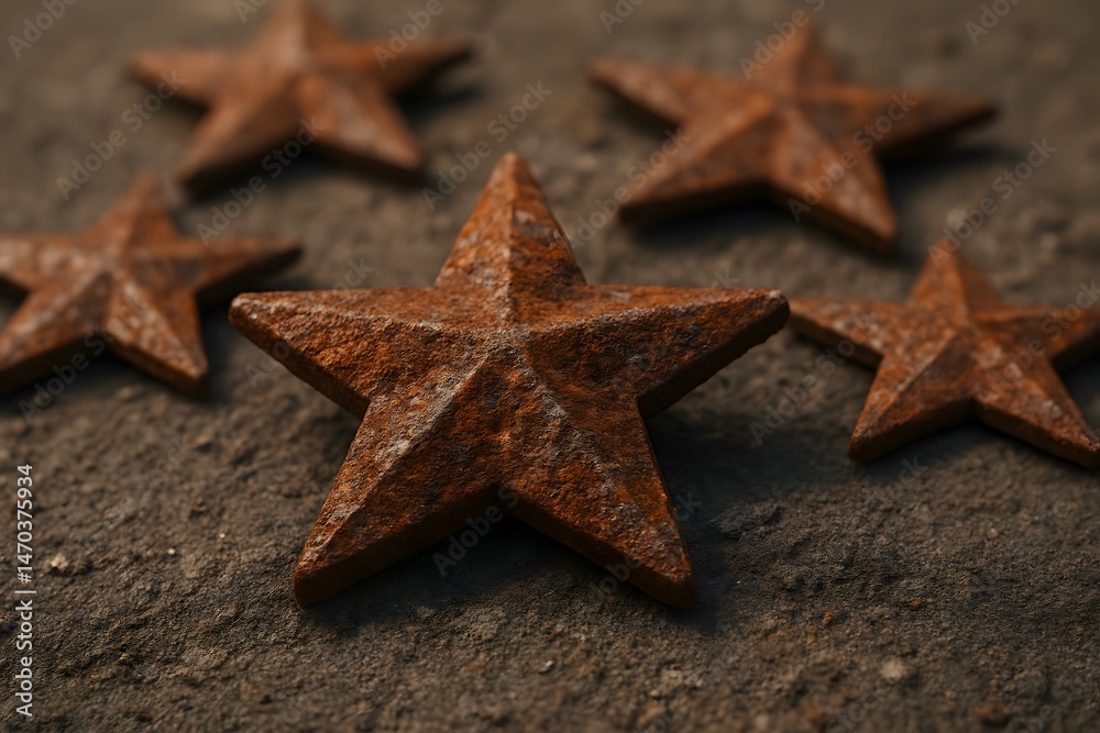 Close-Up of Rusted Metal Stars on Rough Ground – Aged Industrial Star Shapes in Natural Light, Macro Texture Background Close-Up of Rusted Metal Stars on Rough Ground – Aged Industrial Star Shapes in Natural Light, Macro Texture Background