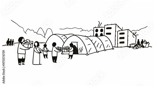 People distributing supplies near tents and damaged buildings in a disaster relief scenario scene created with generated ai
