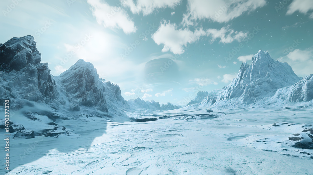 custom made wallpaper toronto digitalStunning Alien Ice Planet Landscape Frozen Mountains Ringed Planet and Cloudy Sky