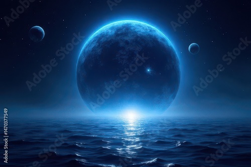Celestial Majesty: A breathtaking cosmic scene of a planet, reflected in the water, bathed in a luminous blue light, amidst a galaxy of stars, symbolizing the beauty and mystery of the universe.