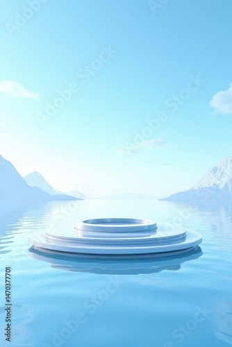 Serene Podium Amidst the Calm Waters: A tranquil scene unfolds, a pristine podium floating serenely amidst reflective water, under a clear sky and snow-capped mountain range.