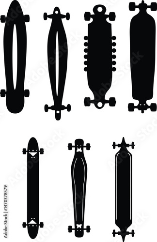 Longboard Skateboard Vector Illustration Set - Black Silhouettes of Various Skateboards for Sport and Recreation Designs