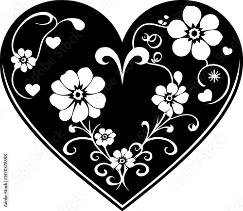 Floral Heart Design: Black and White Icon