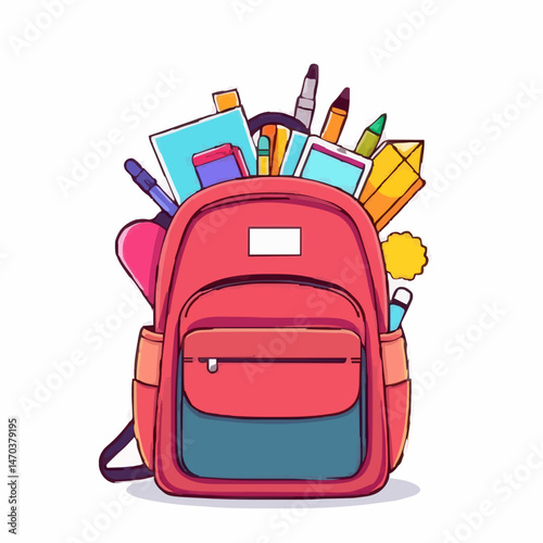 Backpack with School Supplies, Vector Illustration