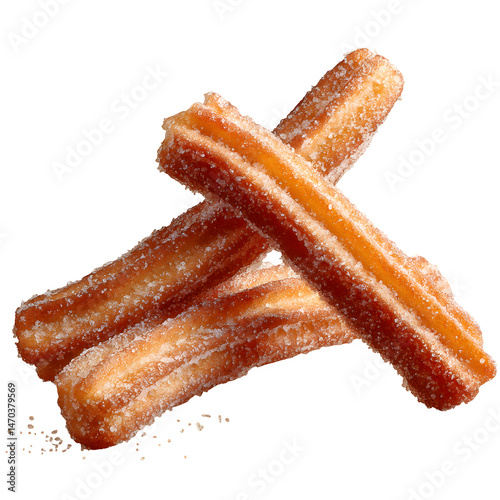 Delicious Golden Churros Dusted with Sugar A tempting close-up of crispy churros coated in sweet granulated sugar perfect for menus food blogs or dessert recipes.