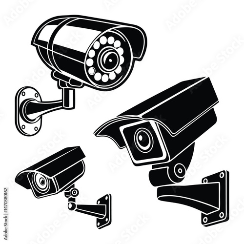 Minimal Security CC Camera Set Silhouette Vector Illustration featuring modern surveillance camera icons 