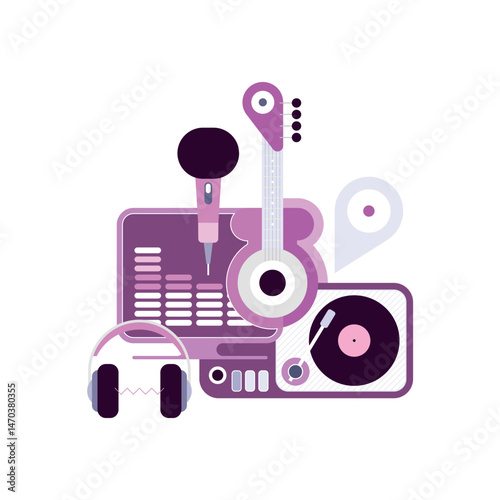 Artistic composition of color musical items isolated on a white background Sound Recording Studio vector design.