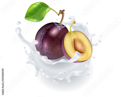 Plums Splashing into Milk or Yogurt