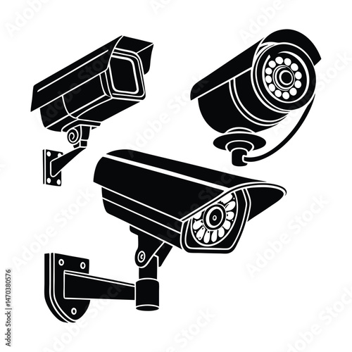 Minimal Security CC Camera Set Silhouette Vector Illustration featuring modern surveillance camera icons 