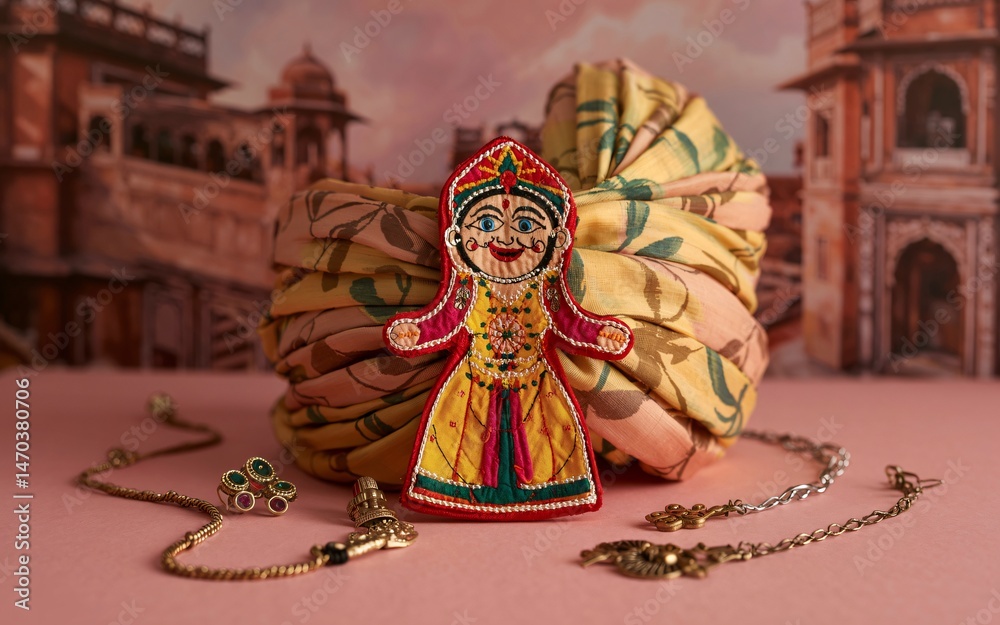 Fototapeta premium Spring, Jaipur, Rajasthan ,Spring in the Pink City, Indian embroidered figurine, turban, jewelry, pink background