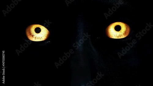 Glowing eyes piercing through the darkness in a mysterious cinematic close-up [with copy space]