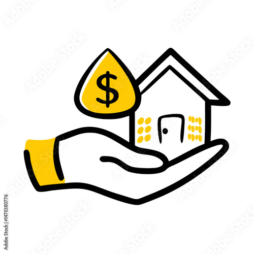 Investment Property – Real Estate Investment and Financial Growth:
Hand-drawn house sitting in a hand with a dollar sign, representing property investment, financial security, and real estate wealth.