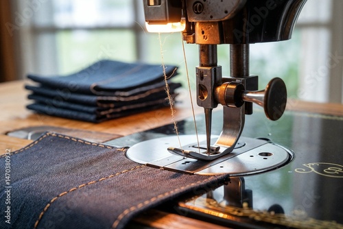 A close-up of needle and presser foot of a sewing machine in action.