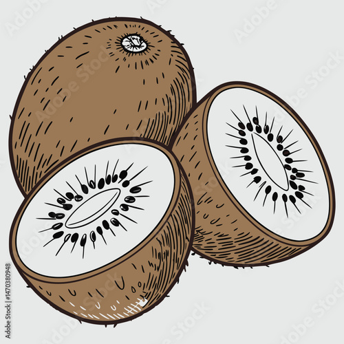 Fresh green kiwi fruit, whole and sliced, isolated on a white background