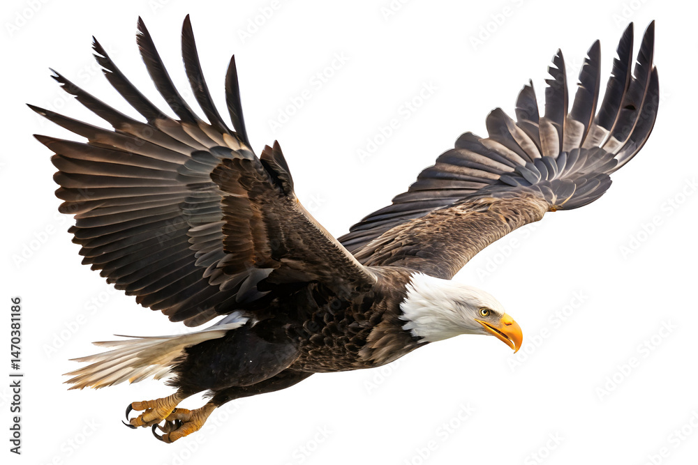 Majestic bald eagle, a wild bird of prey, soars in flight across the blue sky with its powerful wings Majestic bald eagle, a wild bird of prey, soars in flight across the blue sky with its powerful wings