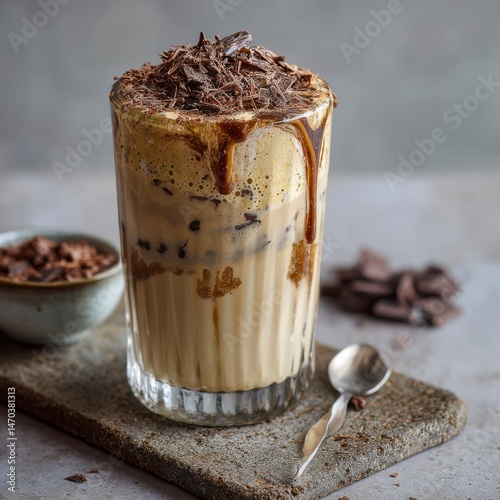 Luxury-style iced coffee topped with chocolate shavings