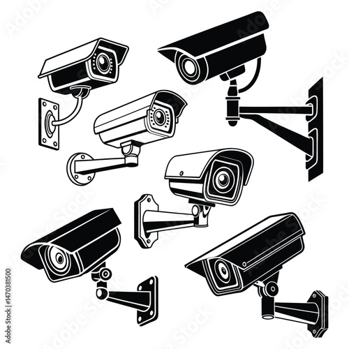 Minimal Security CC Camera Set Silhouette Vector Illustration featuring modern surveillance camera icons 