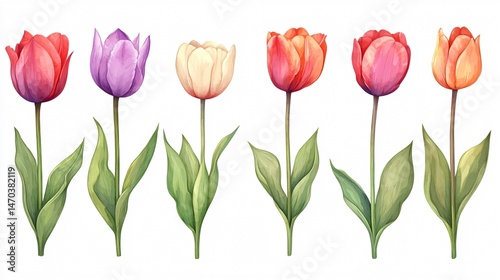 Wallpaper Mural Exquisite Hand-Drawn Set of Tulips Flowers with Green Leaves Torontodigital.ca