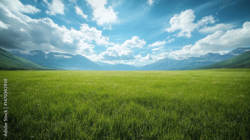 Fototapeta premium Green grass growing on vast field with mountains under blue cloudy sky