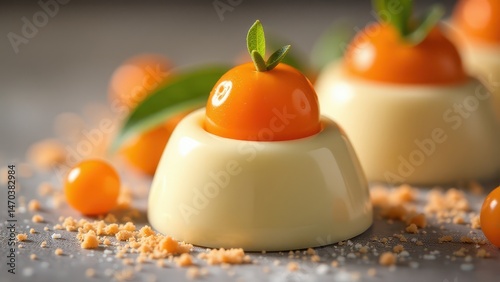 Delightful panna cotta topped with a vibrant kumquat and fresh green leaves, surrounded by crumbs on a slate surface