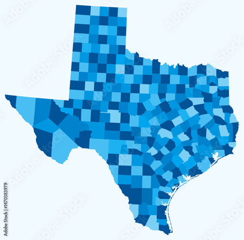 Map of Texas with counties. Just a simple state border map with county division. Light blue color palette. Plain State of Texas shape with administrative division. Vector illustration.