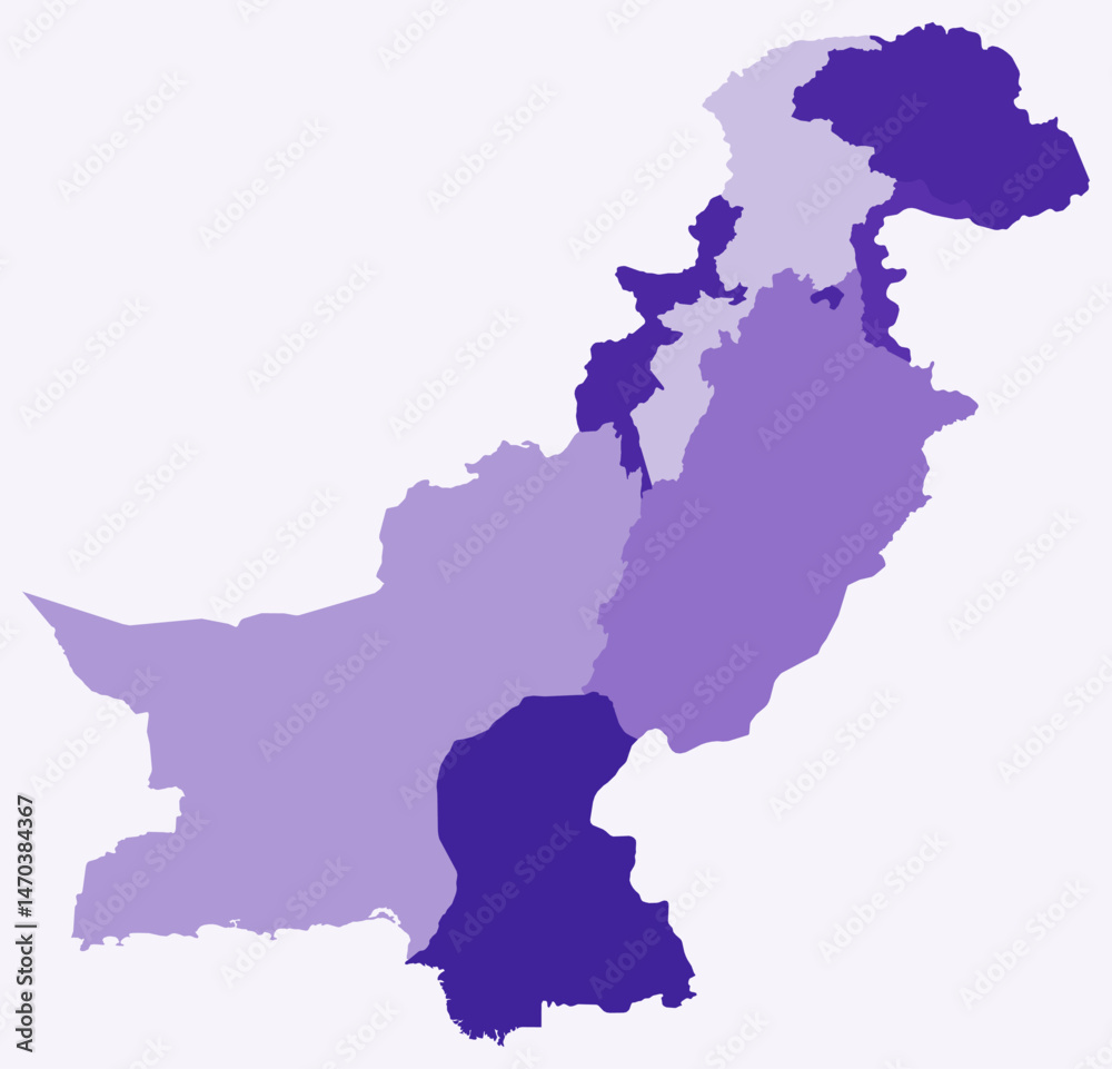 Obraz premium Map of Pakistan with regions. Just a simple country border map with region division. Deep purple color palette. Flat Islamic Republic of Pakistan shape with administrative division.