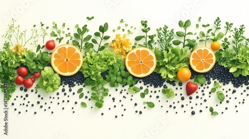 Vibrant display of fresh fruits and vegetables arranged artistically on a white background