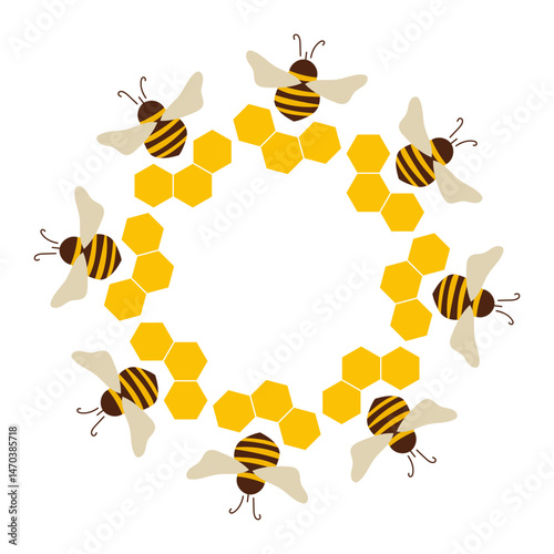 Round frame with bee and beeswax cells. Cute honey round wreath.