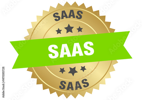 saas. saas round green and gold label isolated on transparent background