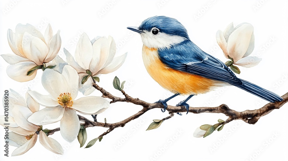 Fototapeta premium Beautiful White Magnolia Flowers with Bird Illustration in Spring Time