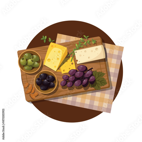 Delicious cheese platter with assorted cheeses, nuts, olives and fresh grapes on a wooden cutting board. White background