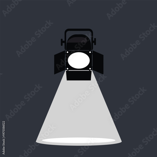 Studio spotlight with open barn doors casting focused light beam on dark background vector illustration