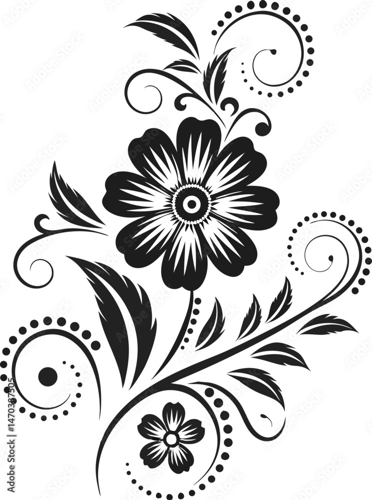 Black and white vector floral ornament design with swirling leaf and flower elements Black and white vector floral ornament design with swirling leaf and flower elements