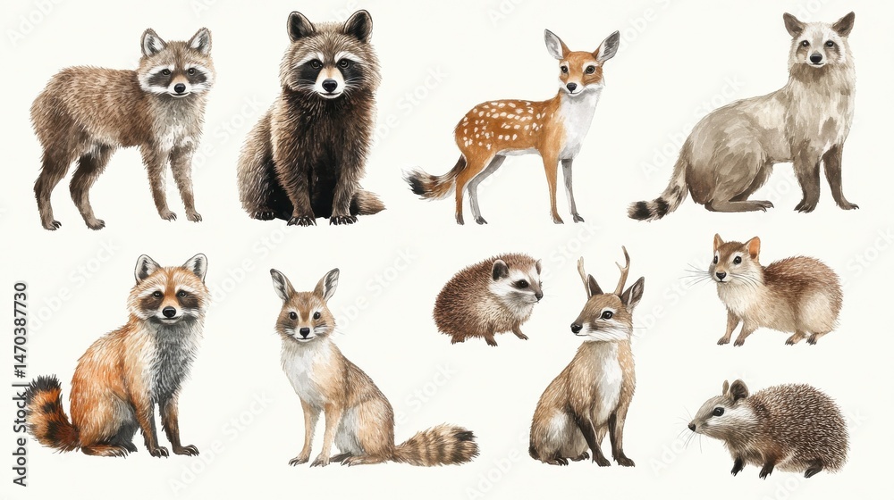 Fototapeta premium Forest animals. Wolf, raccoon and fox, bear and owl, deer, squirrel and hedgehog, hare and beaver, elk. Wildlife isolated set illustration , no logos, no brands