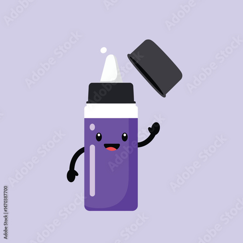 Purple cartoon glue bottle with open cap and happy face vector illustration on light violet background 