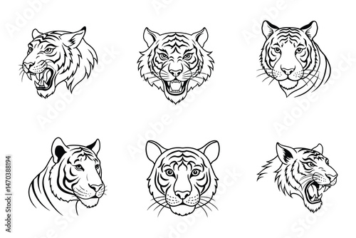 Tiger face liner art Icon Set on white background,Animal Head Logo Vector Illustration