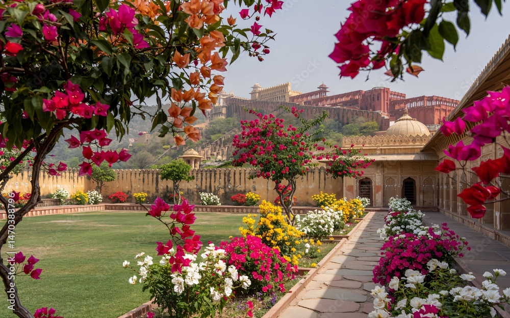 Fototapeta premium Spring, Jaipur, Rajasthan ,Spring in the Pink City, Colorful garden at Amber Fort