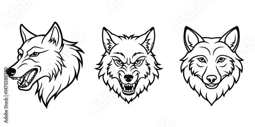 Wolf head liner art set on white background,Animal Head Logo Vector Illustration