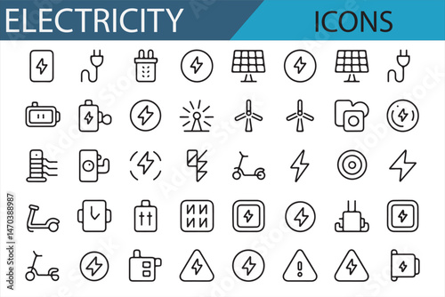  A collection of icons related to electricity, including plugs, electrical symbols, safety signs, and tools. Ideal for energy, electrical engineering, and safety projects.