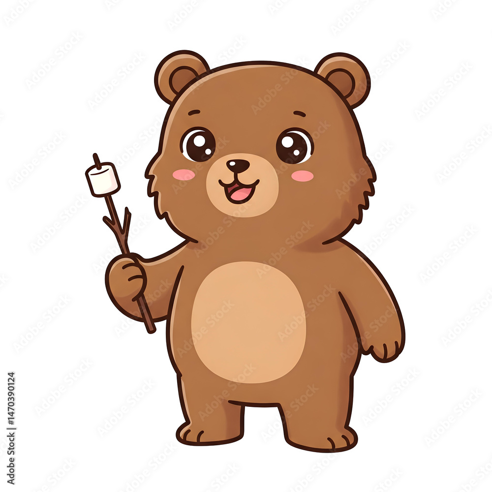 Adorable brown bear cub cartoon character roasting a marshmallow on a stick against a transparent background perfect for children's book illustrations, greeting cards, or apparel designs. Adorable brown bear cub cartoon character roasting a marshmallow on a stick against a transparent background perfect for children's book illustrations, greeting cards, or apparel designs.