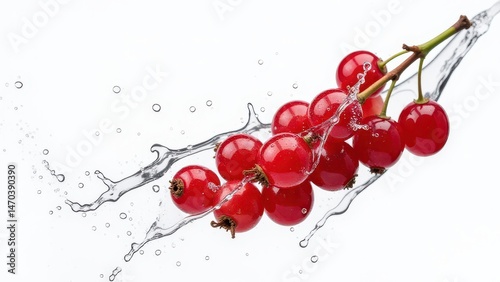 Juicy red currants splash through clear water, creating a refreshing and vibrant scene against a white background