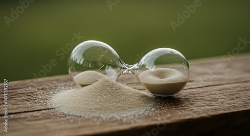 A broken toppled hourglass with sand spilled onto a plank