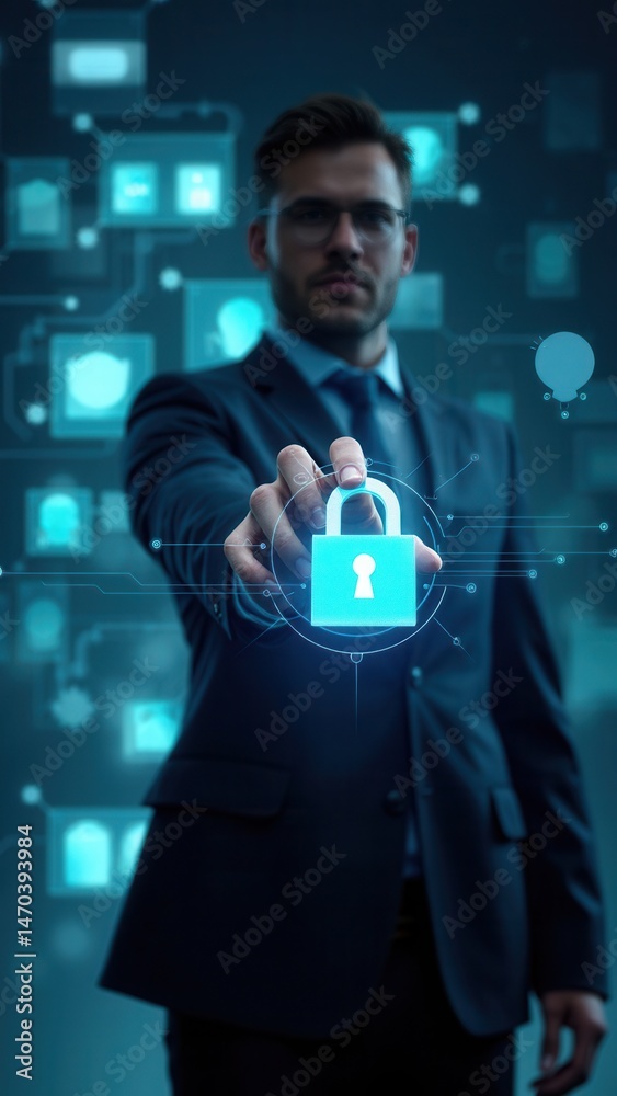 Businessman protecting data personal information. Cyber security data concept. Padlock and internet technology..