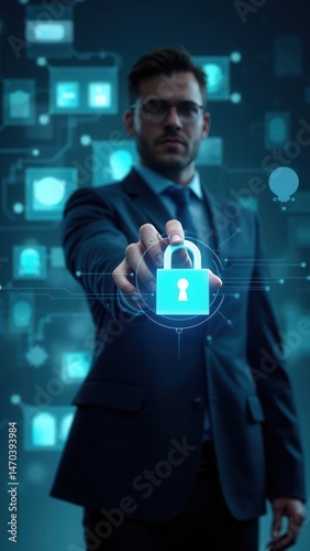 Obraz na płótnie Businessman protecting data personal information. Cyber security data concept. Padlock and internet technology.. w salonie