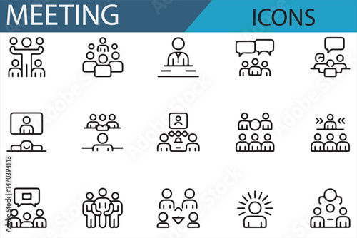A collection of icons representing meetings, collaboration, team discussions, and business analytics. Ideal for corporate presentations, team collaboration, and professional projects.